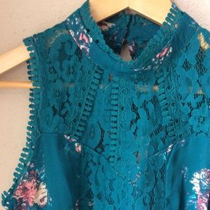 Teal & Pink Lace and Eyelet High Neck Tank Top